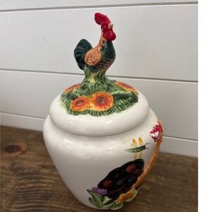Vintage Ceramic Rooster Flower Jar Cookie Treat Apothecary Storage Lid Farmhouse